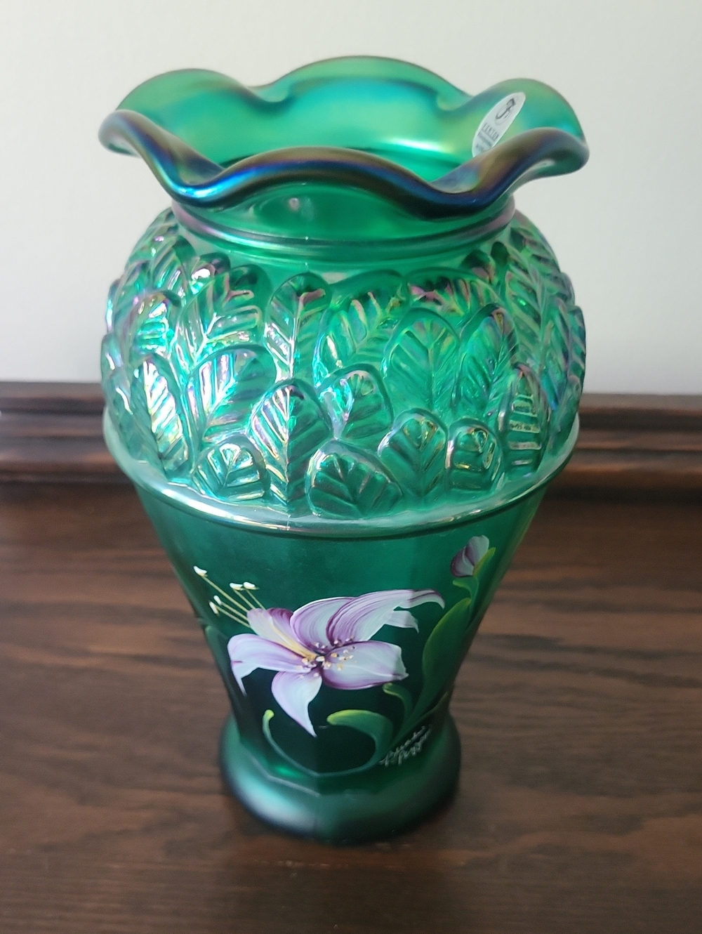 Fenton Green Iridescent Handpainted Vintage Glass Vase - Picture 3 of 9